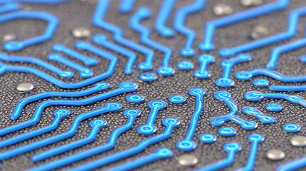A close up view of a blue circuit board with intricate connections