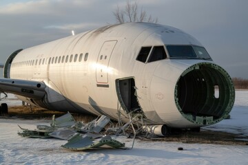 Abandoned Fuselage of Aircraft in Snowy Field