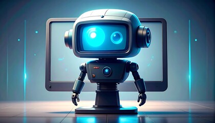 Retro robot, blue eyes, stands before monitor