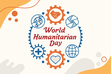 Creative World Humanitarian Day design with charity, healthcare, globe, handshake, and aid icons in blue and orange, symbolizing kindness, compassion, and global unity on a clean background.