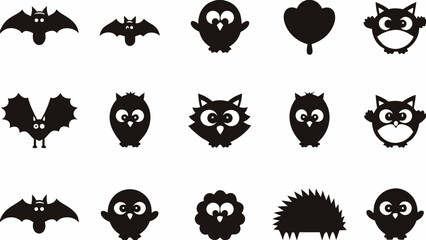 Collection of stylized black silhouettes of bats owls flower and hedgehog on a white background vector image