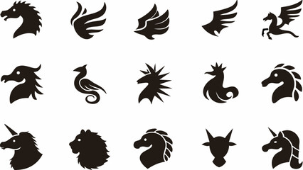 Collection of silhouette mythical creatures and wings in various styles displayed on white background