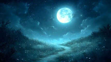Bright moon illuminates a serene path through a tranquil landscape at night