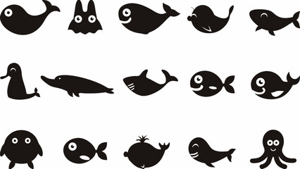 Naklejka premium Silhouette illustrations of various sea animals including whale fish octopus and other marine creatures