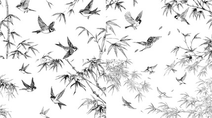 Elegant black and white ink illustration of bamboo branches with flying swallows, inspired by traditional Asian brush painting.