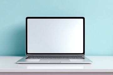 Laptop with blank screen on a white table against a mint-green wall