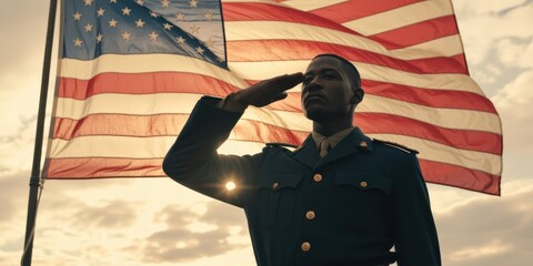 African American Soldier Saluting American Flag