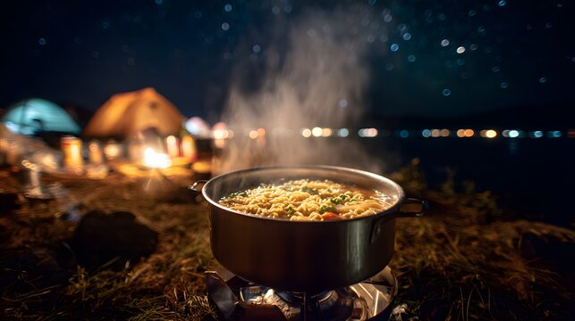 Ground level wide shot of Korean instant ramyeon being cooked metal pot portable gas burner during night camping trip lakeside steam rising under star tent light background highly realistic food