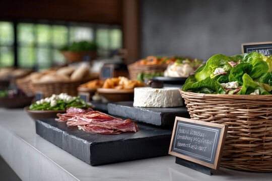 Assorted cheese, cured meat, fresh salad, and bread displayed on slate platters and wicker baskets for catering event buffet table
