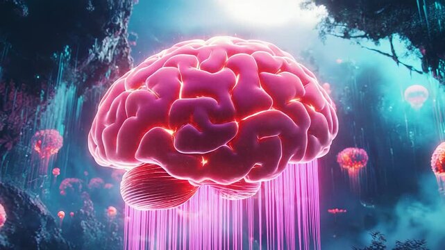 Glowing brain floating in surreal alien forest landscape