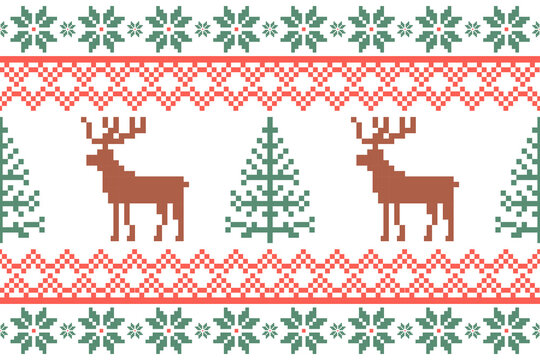 Christmas and New Year seamless pattern. snowflakes  reindeer and Christmas tree on  pixel pattern for winter hat,jumper,sweater, wrapping,fabric,border,rim,carpets, blankets, towels.