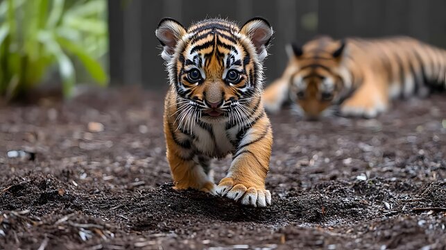 Tiger cub exploring its surroundings in a lush habitat during daylight hours