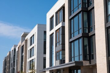 Modern apartment buildings in a row against a clear sky