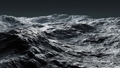 Dark, mountainous landscape.  Gray, textured peaks and valleys stretch into the distance.  Harsh lighting highlights rugged terrain