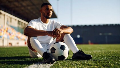 Soccer player resting on field after game with thoughtful, and stadium background.