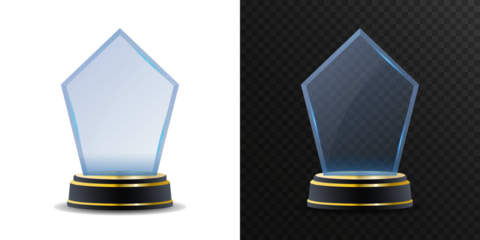 Premium transparent crystal trophy isolated on white background. Stylish award for top performance, sport achievements, business success and professional recognition.