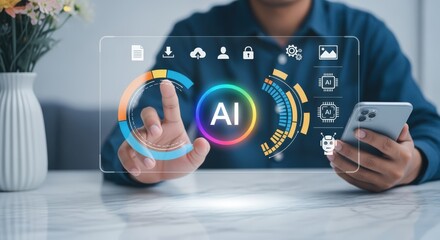 Man Interacting with AI Interface Displayed on Transparent Screen, Holding Phone, Utilizing Futuristic Technology