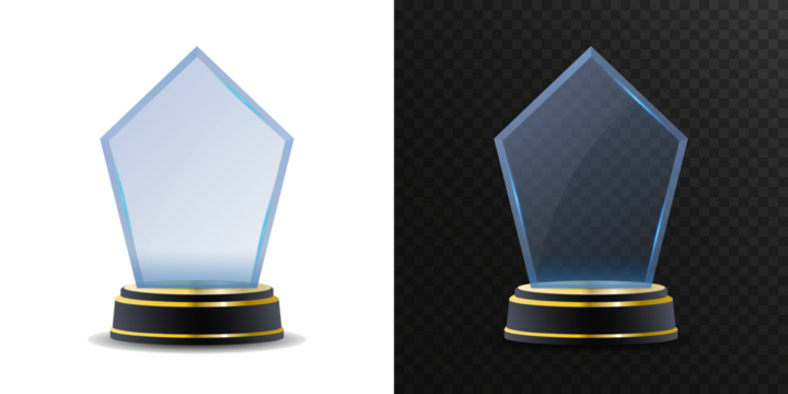 Premium transparent crystal trophy isolated on white background. Stylish award for top performance, sport achievements, business success and professional recognition.