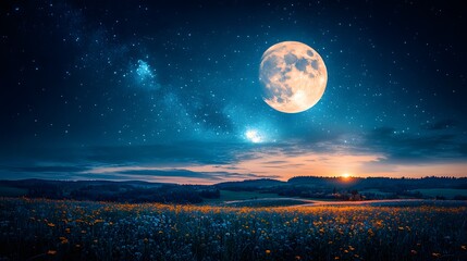 Majestic full moon illuminates a serene meadow during twilight in a quiet countryside