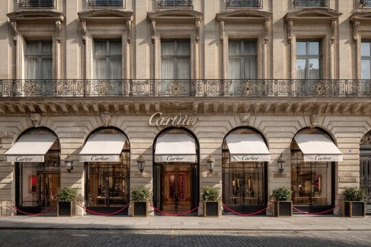 Parisian storefront, elegant facade with arched awnings