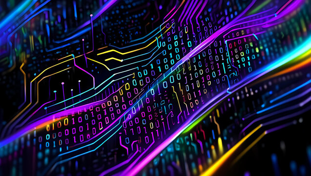 Abstract digital circuit board with binary code and neon lights technology data