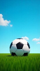 Generative AI rendering of a soccer ball on lush grass beneath a serene blue sky with fluffy clouds