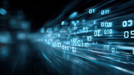 Fototapeta premium Digital Data Stream: Binary Code Flowing in a Futuristic, High-Tech Network Environment, Representing Information