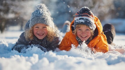 Smiling little children hugging and playing in a snowy park, good light, image with copyspace