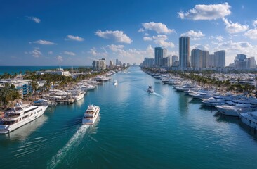 Obraz premium Panoramic view of a Miami marina with yachts and city skyline