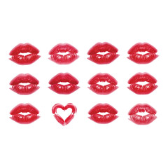Vector art of red lipstick kiss prints and heart isolated on white background