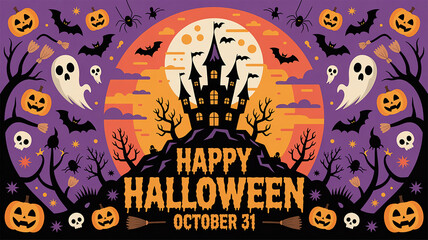 Happy Halloween October 31 Spooky Haunted House with Pumpkins, Ghosts, and Bats Design

