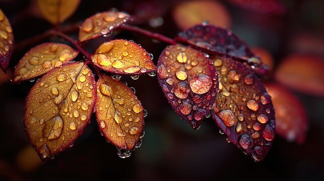 Close-up of vibrant autumn leaves, glistening with raindrops - Powered by Adobe