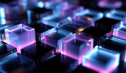 Abstract pattern of glowing, translucent cubes.  Dark, vibrant colors.  Modern, geometric design