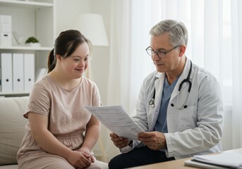 Compassionate doctor consulting with young girl with Down syndrome in bright medical office, warm natural light, emphasizing healthcare, support, inclusion, and patient trust