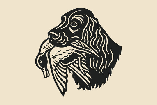 Russian spaniel hunting duck bold black engraving style vector illustration