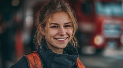 Fototapeta premium Community Response. Brave Female Firefighter Smiling Beside Blurry Fire Station Background