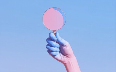 A hand in a vibrant blue glove holds a magnifying glass with a soft pink lens against a clear pastel blue sky
