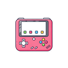 Cute pink retro handheld game console with colorful buttons and a blank screen.