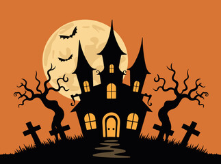 spooky halloween haunted house with bats full moon twisted trees gravestones orange background creepy silhouette scene seasonal vector illustration © CreativeStore