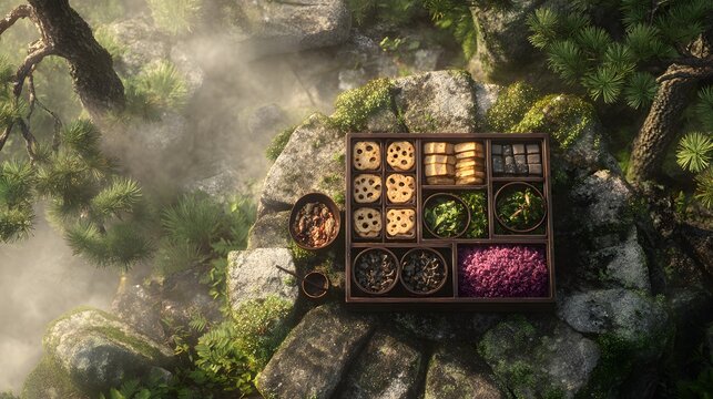 Top down view of Korean temple style vegetarian dosirak lunchbox neatly arranged lotus root seasoned green tofu cube purple rice placed stone bench forest monastery surrounded misty pine tree peaceful