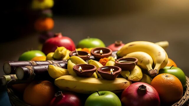 chhath puja religious offerings fruit basket clay lamps