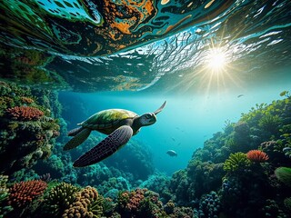 Obraz premium Lush Caribbean Coastline, Green Turtle Beneath the Waves