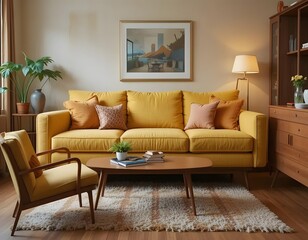 Fototapeta premium Inviting golden yellow living room with mid-century modern design and warm, cozy atmosphere for relaxation