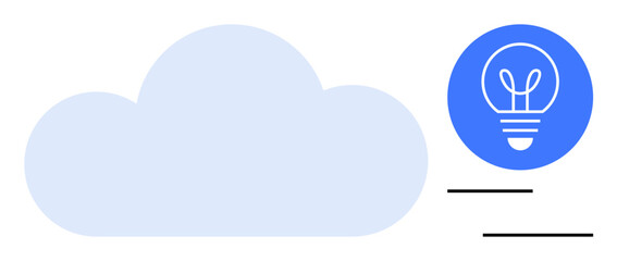 Blue cloud next to a light bulb icon promoting ideas, innovation, and creative thinking. Ideal for cloud computing, brainstorming, technology, sustainability, concept development, and education