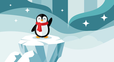 Obraz premium Happy Penguin Waving on Iceberg Under Northern Lights Cartoon Illustration