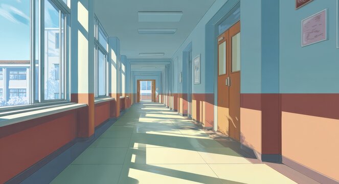 Conference Room Cartoon. Empty Long Corridor with Bright Natural Light, Interior Design Illustration - Powered by Adobe