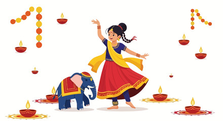 Girl Dancing In Traditional Dress With An Elephant During Diwali Celebration