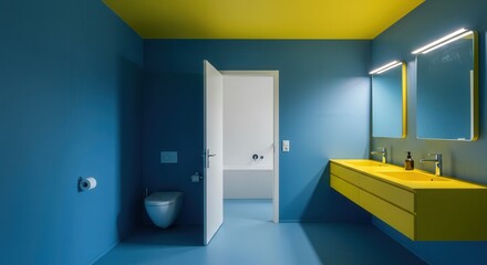 Colorful modern bathroom with bright yellow floating vanity and large mirrors, minimalist design, sleek fixtures, contemporary interior, vibrant blue walls, well-lit space
