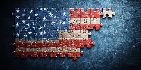 A jigsaw puzzle featuring an incomplete American flag against a textured background, symbolizing unity and patriotism.