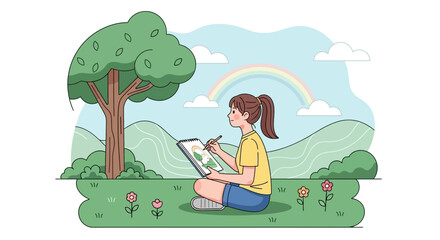 Girl Enjoying Nature and Painting Landscape Outdoors On a Sunny Day